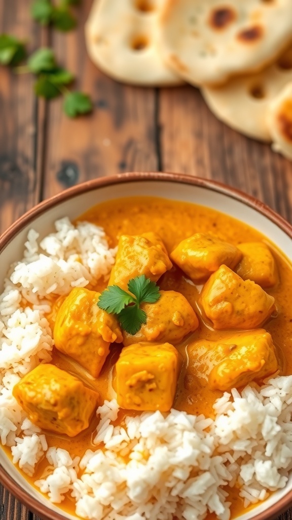 A bowl of curry chicken with coconut sauce and cilantro, served with rice and naan on a wooden table.